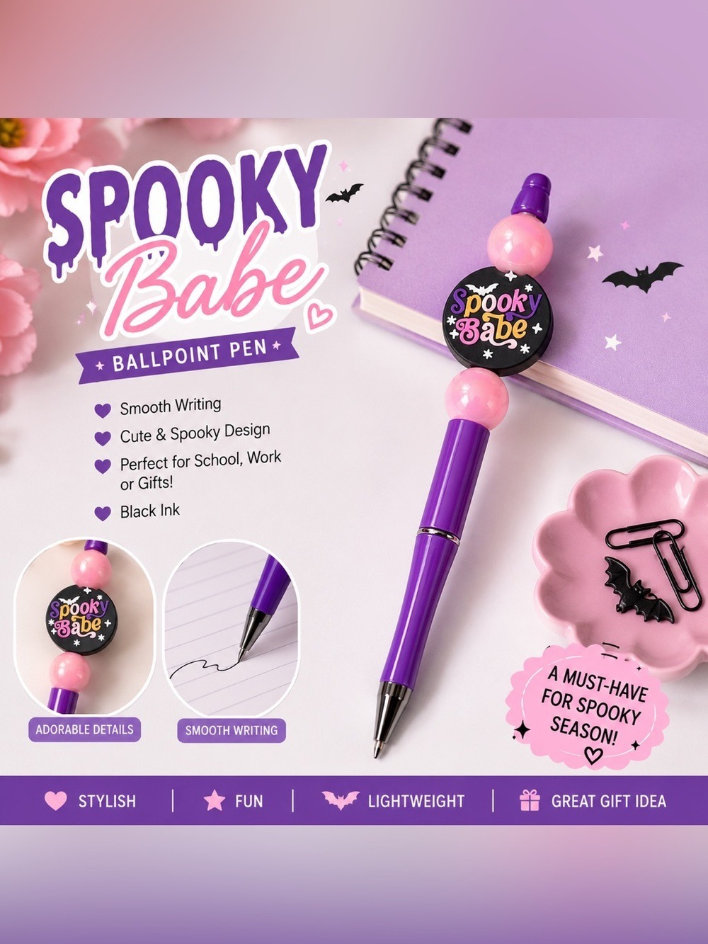 Spooky Babe Beaded Pen Purple Pink Halloween Goth Desk Accessory